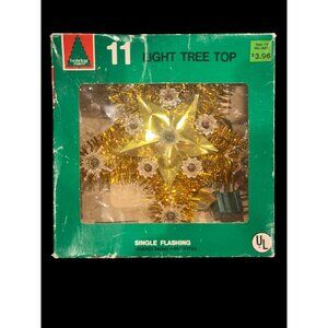 VTG Working Holiday Trim 11 Light Tree Top Single Flashing Gold Tinsel‎ With Box